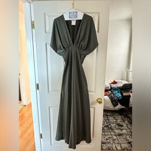 BHLDN Leila Deep-V Flutter-Sleeve Satin A-Line Gown in Forest